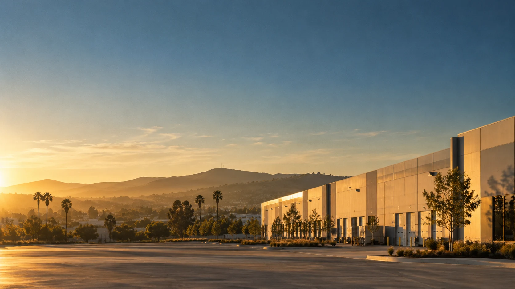 Soft golden light across California hills and commerce infrastructure